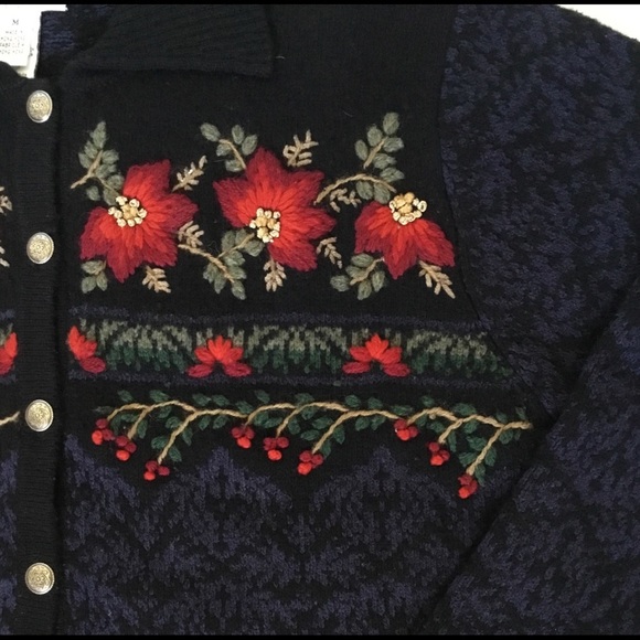 𝅺Talbots Holiday Lambswool Blend Holiday Cardigan Sweater Navy. Sz. MP - Picture 4 of 7